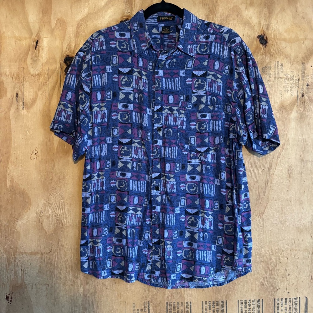 Stefano Man 100% Rayon Blue Abstract Print Short Sleeve Button Up Shirt Sz M